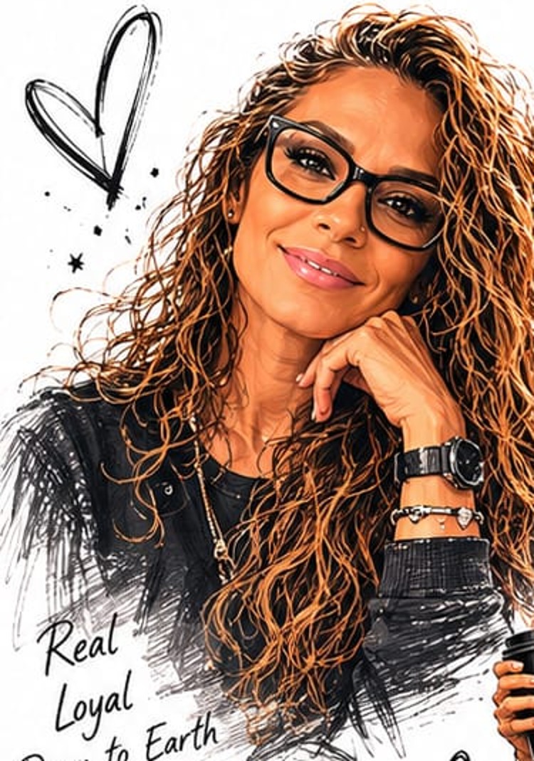 Illustrated portrait of Bobbie, smiling with her chin resting on her hand