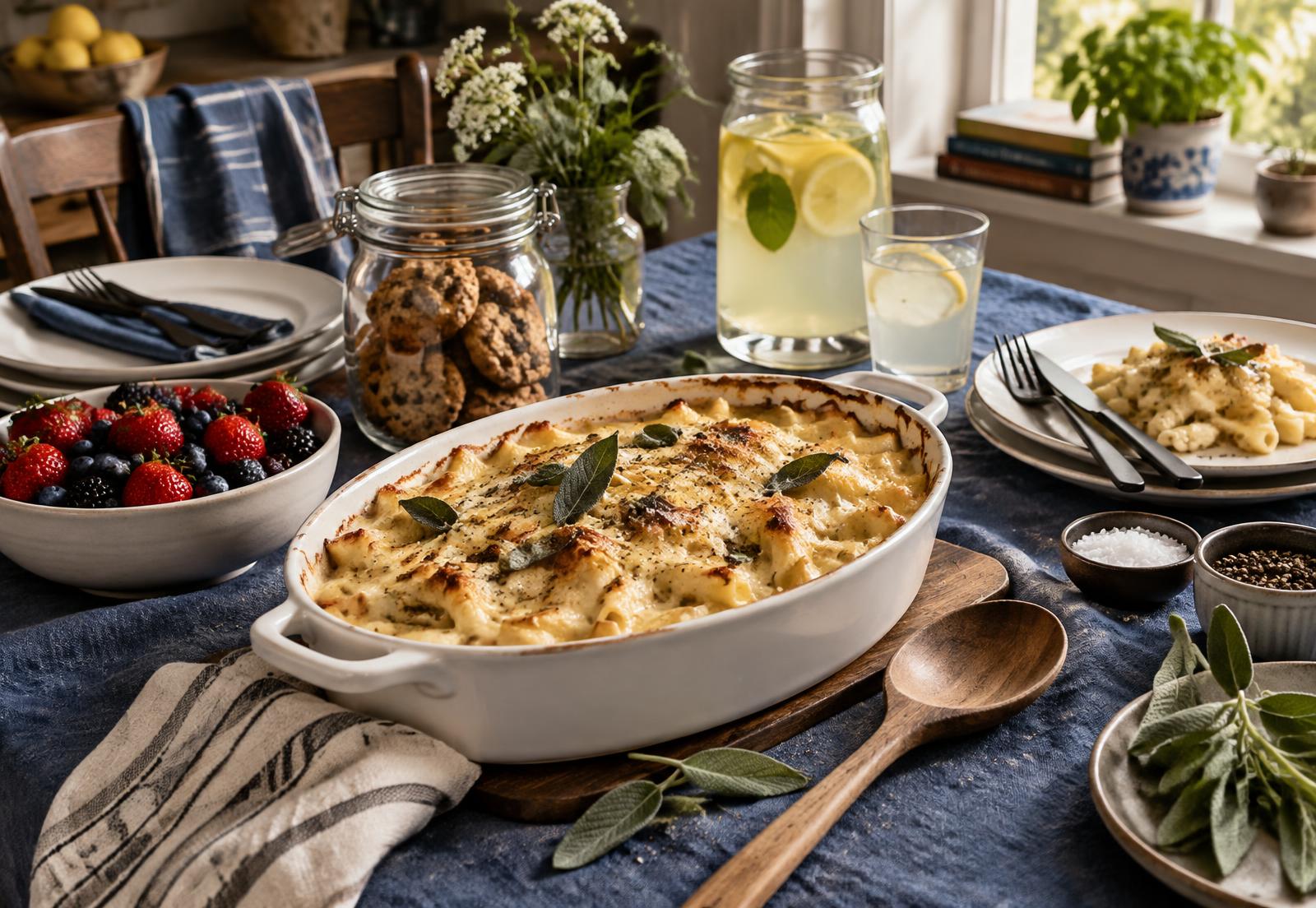 A family table set with baked pasta, a bowl of berries, a jar of cookies and a jug of lemonade